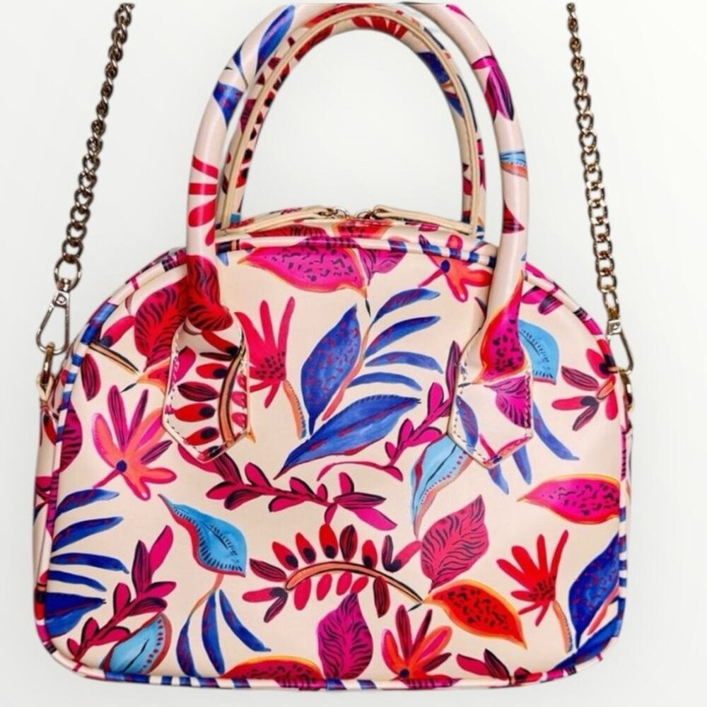 JustFab Tropical Botanical Satchel - Bright Floral Vegan Leather Crossbody